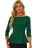 Allegra K Blusa Peplum Top para Mujer con Cuello Redondo de Mangas 3/4 Blusa Elegante Verde Oscuro XS