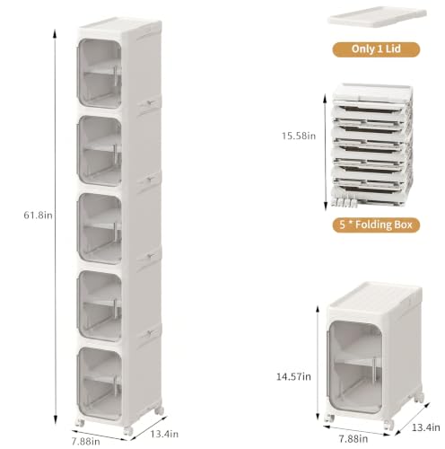 Image of 5-Tier Tall Slim Narrow Bathroom Storage Cabinet, White | Tool Free Assembly, Adjustable shelves, Fits for Narrow Spaces, Lockable Wheels, Magnetic Clear Door