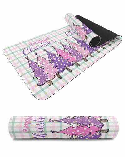Debedcor Heat Proof Table Pads Waterproof Decorative, Christmas Tree Non-Slip Table Countertop Protector, Green Pink Plaid Xmas Tree Snowflake Insulation Mat for Dining Room, 48 x 12 Inches