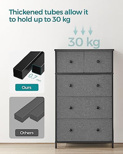 SONGMICS Chest of Drawers, Fabric 5-Drawer Storage Organiser Unit, Dresser, for Living Room, Hallway, Nursery, Grey and Black with Wood Grain LTS514G22
