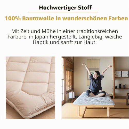 EMOOR Japanische Futon Matratze Anti-Absacken 100 x 210 cm Hergestellt in Japan Baumwolle Chip-Schaum Grau, Schwer-Abflachen Shikibuton Faltbar Schlafbett Tatami