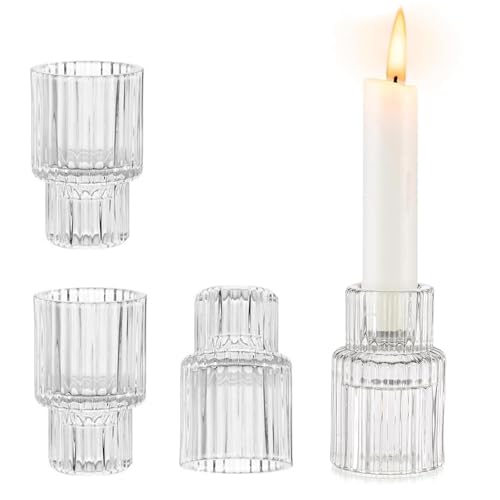 HASLED 4 Pièces Bougeoir en Verre Transparent - Bougeoirs Photophore Bougie Photophore à Rayures Verticales, Bougeoir Transparent pour Maison et Fêtes