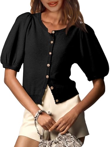 Saodimallsu Womens Puff Short Sleeve Cardigan Lightweight Summer Button Down Shirts Knit Crew Neck Sweater Tops Black