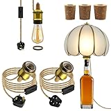 DIY Bottle Lamp Kits, 2Pcs Lamp Kits for Do It Yourself, 8Ft Gold Bottle Lamp Adaptor Kit E27 Light Bulb Holder Brass Wine Bottle Table Lamp, Rope Lights with Ceramic Lamp Socket, 3 Types of Bung