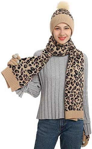 YOUNGSOUL 3 Pieces Winter Knitted Set Leopard Print Warm Bobble Hat Scarf and Gloves Women Girls