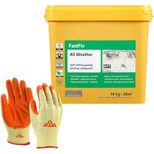 Fast Fix All Weather-Ready to Use Self-Setting Paving Jointing Compound for Any Weather Suitable for Stones Setts Paving Block and Footpaths 14kg - 20 sq.m with Free Gloves (Deep Grey)