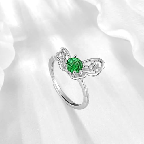 Birthstone Butterfly Opening Ring - 925 Sterling Silver Firework-Cut Cubic Zirconia May Emerald Adjustable Ring Anniversary Promise Ring Birthday Jewelry Gift for Women Mom Daughter DR0165G — view 2