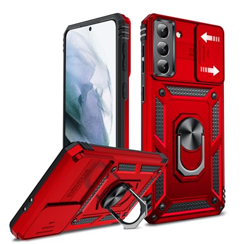 LeYi for Samsung Galaxy S21-5G Case: ??? ??? ??/???? with Slide Camera Cover, Heavy Duty Shockproof Protective Case Cover Funda para with Ring Stand for Samsung 21S S215g Series 128GB, Red