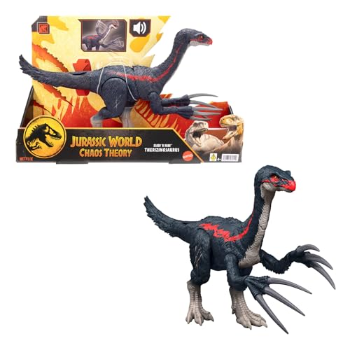 Mattel Jurassic World Teoría del Dinocaos Slash N Roar Tericinosaurio Figura de acción de dinosaurio de juguete con sonido y garras de ataque, juego digital, JCG17