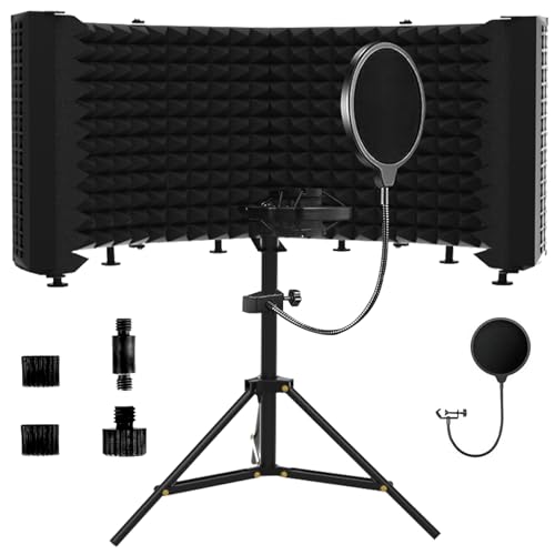 Geynnple Microphone Isolation Shield – Foldable & Adjustable Soundproof Panel for Recording, Podcasting, Vocal Booth, Studio & Home Use (Six-sided low stand)