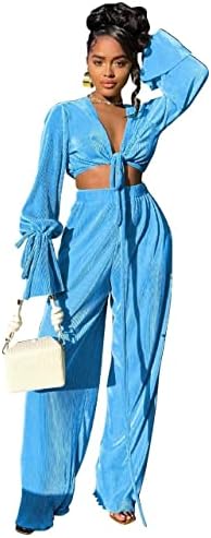 Fastkoala Women's Two Piece Outfits Casual Long Sleeve Tracksuits Sets Sexy Crop Tops Pants Set Sweatsuits Blue L
