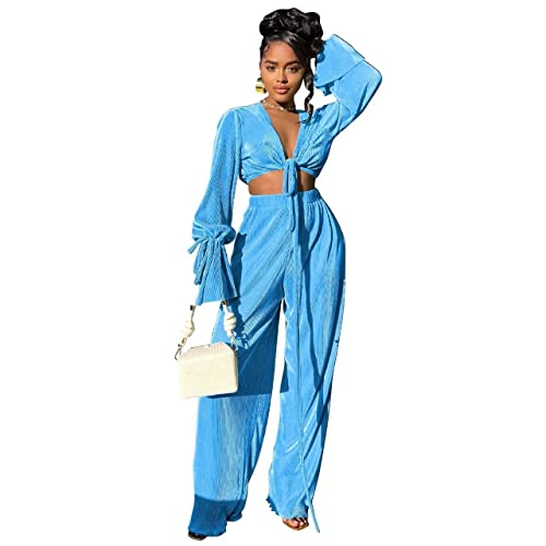 Fastkoala Women's Two Piece Outfits Casual Long Sleeve Tracksuits Sets Sexy Crop Tops Pants Set Sweatsuits Blue L #TOP13