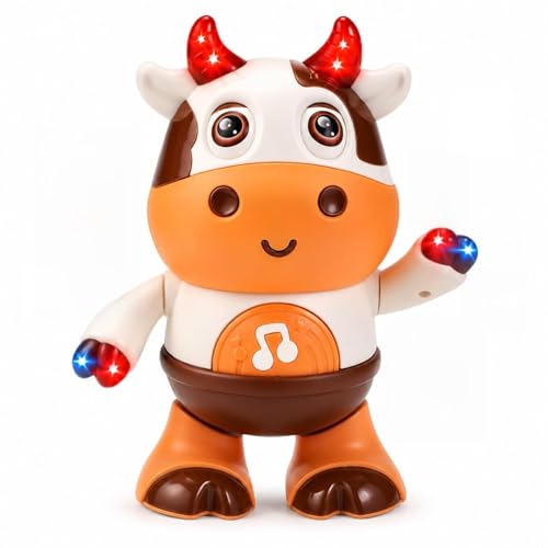 Electric Dancing Cow Light up Musical Cow Plastic Dancing Toys Baby Animal Sounds Toys Toddler Sensory Educational Interactive Swinging Calf 3 AA Battery Operated Age 1-3 Years