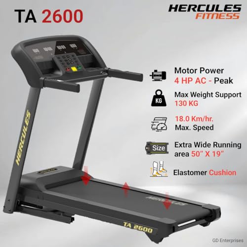 Image of Hercules Fitness TA2600 Treadmill | Max User Weight 130 Kgs | 4.0 HP AC Motor | 15 Level AUTO Incline | Bluetooth MP3 Player Available | Max Speed 18 Km /Hr