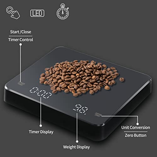 3T6B Coffee Scale With Timer, Rechargeable Espresso Coffee Scale, 3Kg/0.1G High Precision Digital Coffee Scale, Kitchen Food Scale With Invisible Screen, Measures In G/Oz/Ml #TOP2