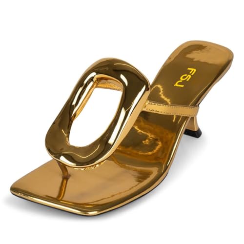 FSJ Women Chic Open Toe Kitten Heel Flip Flops Slip On Gold Detail Low Heeled Thong Sandals Casual Summer Beach Fashion Slides Size 4-16 US