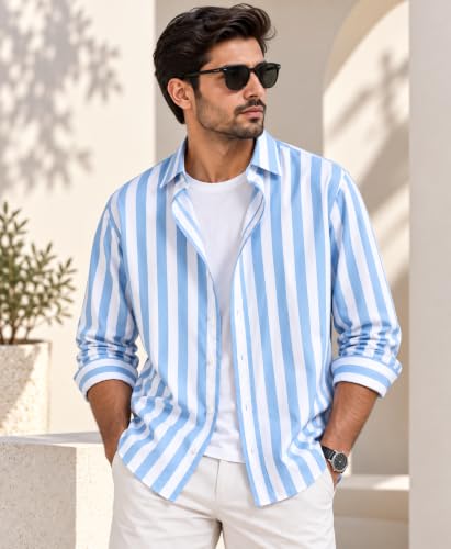 Image of IndoPrimo Men's Striped Cotton Shirt | Slim Fit Stylish Casual Shirt for Man | Full Sleeve Summer Wear Vertical Stripe Shirt for Office, Vacation