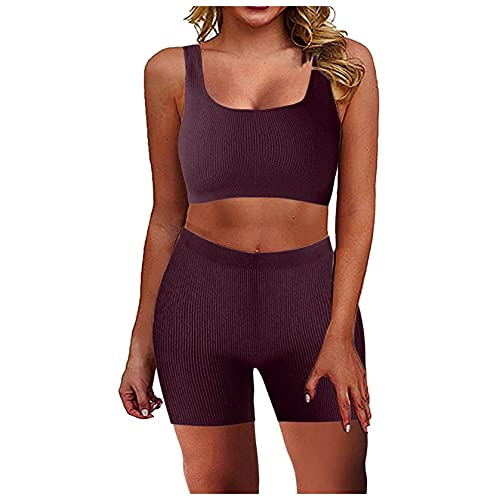 Workout Sets for Women 2 Piece Seamless Ribbed Crop Tank High Waist Shorts Leggings Yoga Outfits Tracksuit Wine