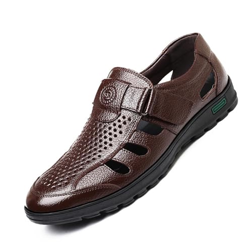 Mens Leather Shoes, Hollow Sandals Genuine Leather Breathable Soft Bottom Low Top Round Toe Business Casual Beach Shoes, 44 EU,Brown