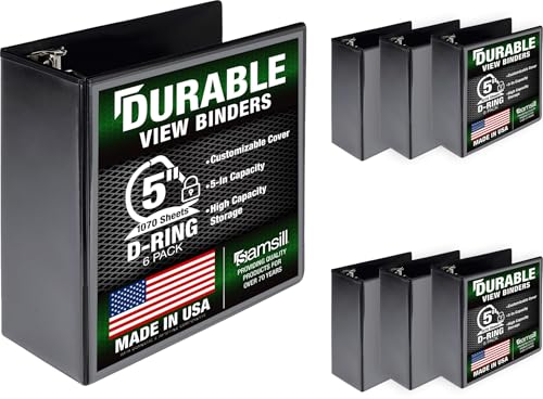 Image of Samsill Durable 5 Inch 3 Ring Binder, D Ring Binder, Customizable Clear View, Black, 6-Pack, Holds 1070 Pages