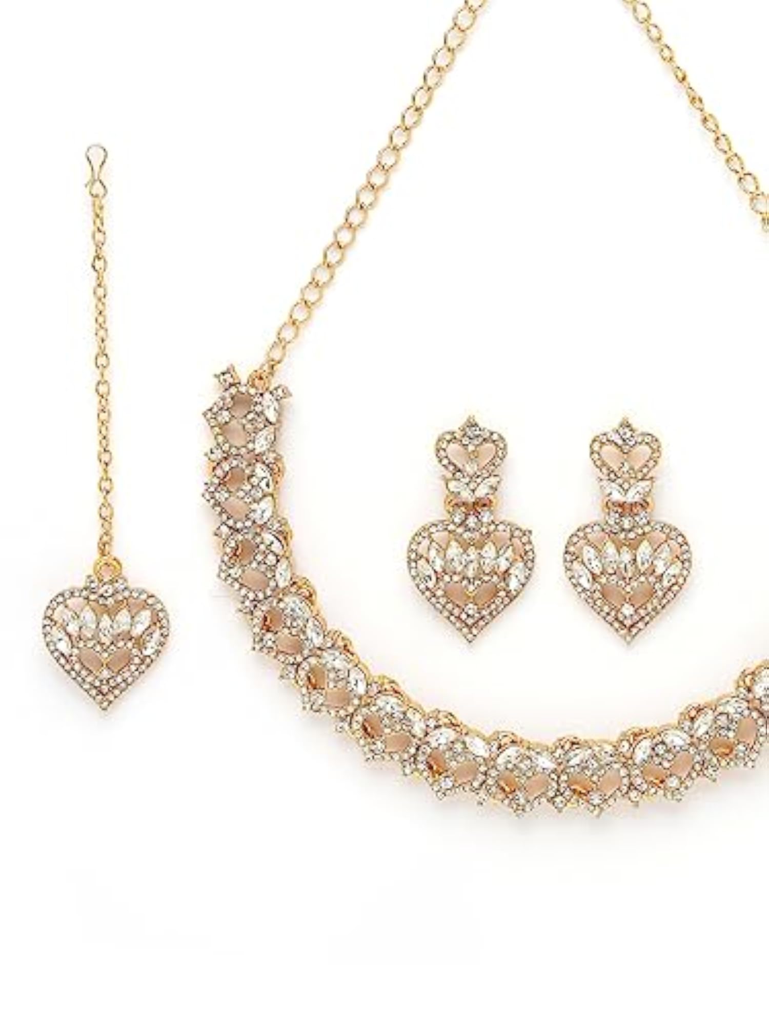 Plated AD Stone Collar Bone Necklace Set With Earring And Maangtika