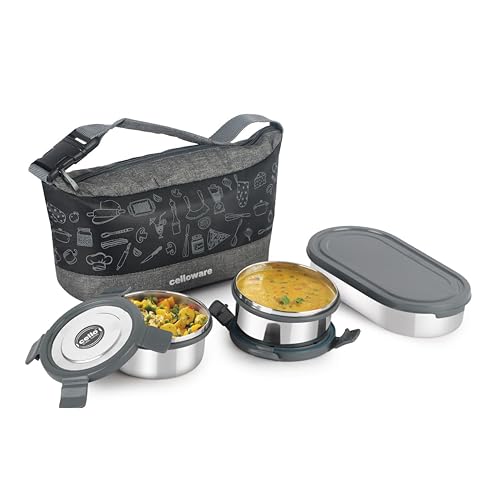 Image of CELLO MF Blaze Stainless Steel Lunch Box for Office Use Grey | 300ml x 2 Round Containers, 1 x 500ml Oval Containers, Lightweight Easy to Carry Leak Proof Airtight Tiffin Box for Travel and Daily Use