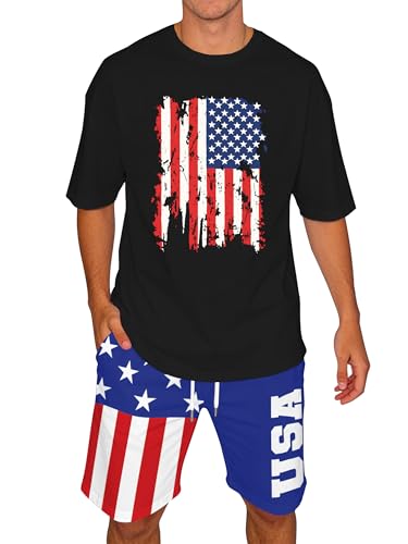 Image of Ithalt Patriotic Shirts for Men 4th of July Outfit 2 Piece Set Short Sleeve and Shorts American Flag 250th Anniversary