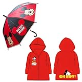 E plus M Disney Mickey Maus Kinder Regen-Set – Jungen Regenschirm (Ø 75 cm) & Regenponcho – Offizielles Lizenzprodukt – Größe 98–128 – wasserfestes Material, Farbe: Rot, Bekleidungsgröße: 110/116