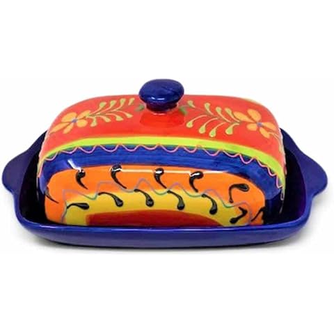 Verano Spanish Ceramics Classic Spanish Hand Painted Butter Dish - Decorative Home Décor Kitchen Restaurant Café Dining Table Food Sharing Serving Bread Margarine Dishes - 19cm Daisy Chains Cover