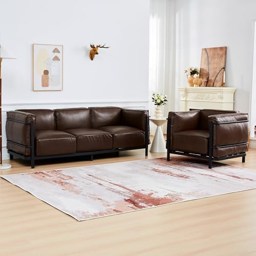 Image of 2 Piece Living Room Sofa set, Mid-Century Modern Upholstered Couch Chair Faux Leather Sofa Couch with Iron Frame and Upholstered Armrest Backrest Cushion for Living Room, Office, Apartment (Brown)