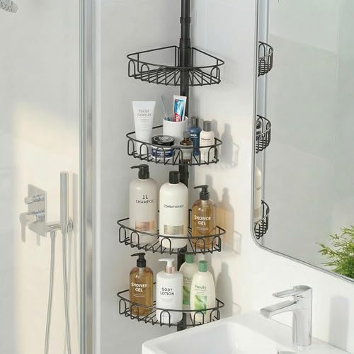 COSYLAND Bathroom Shelf without Drilling, Telescopic Corner Shower Shelf, Storage and Organization of the Bathroom, Shower Storage, 4 Levels, 85-316 cm, Silver