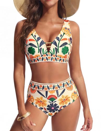 Hanna Nikole Frauen Push up Bikini V-Ausschnitt Bademode Cut Out Badeanzug Ethnische Blume S