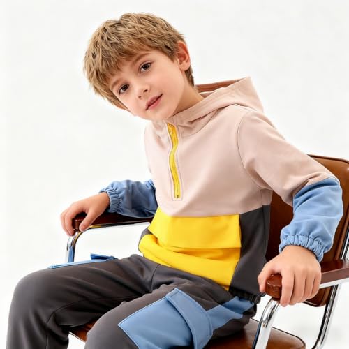 Image of Azmxynol Boys Clothes Kids Little Boy Color Block Half Zip Hoodie & Jogger Pants 2 Piece Outfit Set,4-12 Years