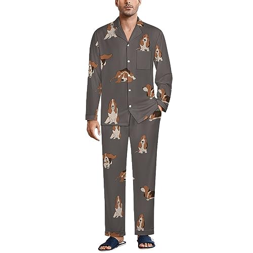 Basset Hound Dog Mens Pajamas Set Long Sleeve Button Down Top and Pants Sleepwear