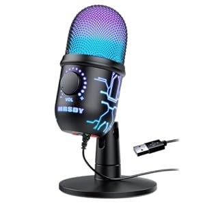 Gaming Microphone, USB Computer Microphone for PC, Mac, PS4/5, Condenser Podcast Mic for Studio Recording, YouTube, Streaming, with Headphone Jack, Led Light, Mute, Gain, Noise Cancellation