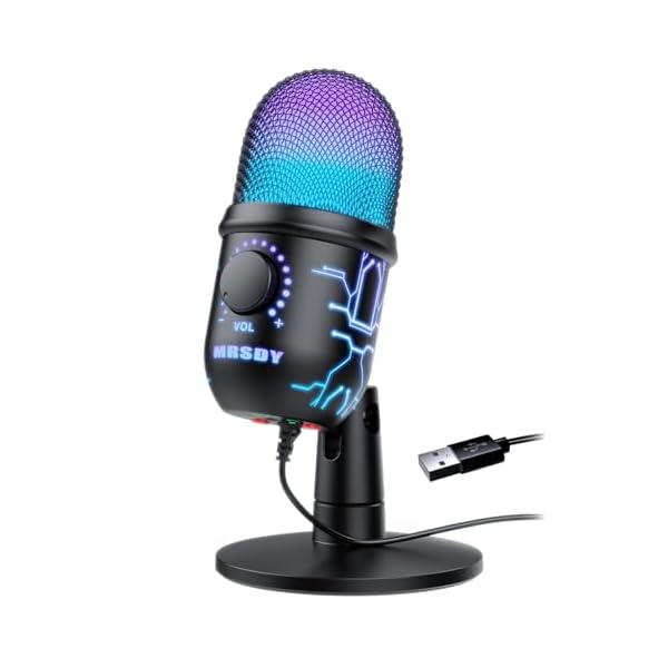 Gaming Microphone, USB Computer Microphone for PC, Mac, PS4/5, Condenser Podcast Mic for Studio Recording, YouTube, Streaming, with Headphone Jack, Led Light, Mute, Gain, Noise Cancellation