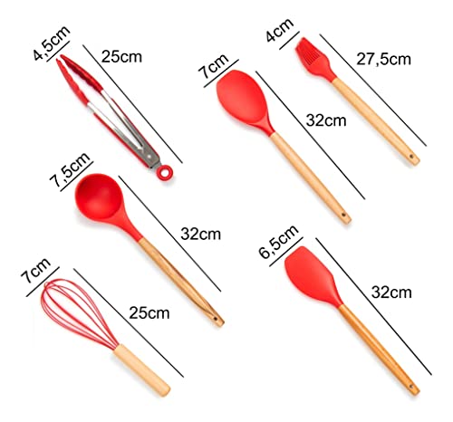 Kit Utensílios Cozinha Silicone Cabo Madeira 7 pçs VERMELHO