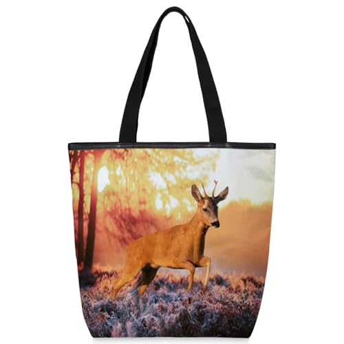 Mularoka Sunset Deep Woods Elk Canvas Tote Bag with Zipper and Pockets Canvas Tote Shopping Bag Women Reusable Grocery Bag for Beach Travel Gym Shopping