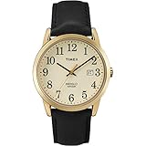 Timex Easy Reader 腕時計 日付表示機能付き フルサイズ レザーストラップ Mens Standard Black/Gold-Tone/Cream