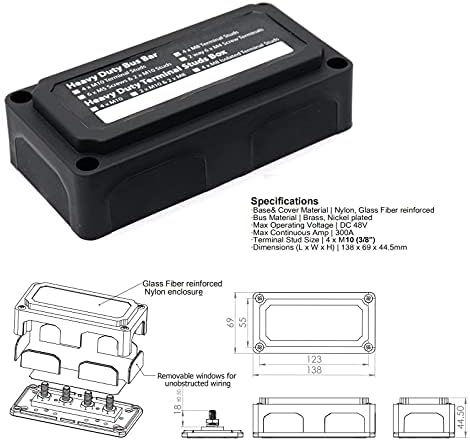 T Tocas 300 Amp Bus Bar Box with 4X M10 Studs Battery Terminal Blocks Heavy Duty Module Design 3/8" Post Power Distribution Blocks 300A Bus Bars DC 12V - 48V, Black Cover