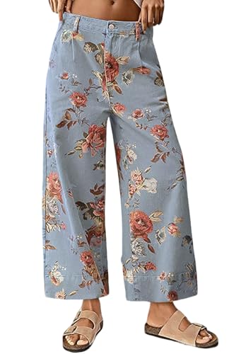 loveimgs Women Mid Rise Cropped Wide Leg Jeans Baggy Floral Ankle Pants Denim Capris Flare Print Boho Palazzo Jeans Boyfriend (Medium,Light Blue)