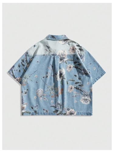 Men's Floral Button Down Shirts Short Sleeve Collared Vintage Denim Jacket2