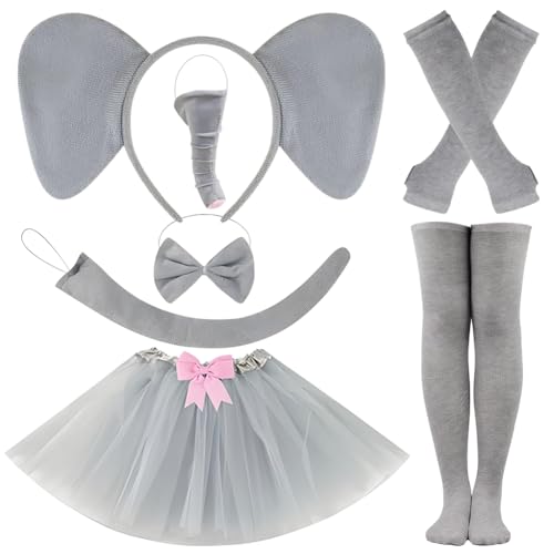 Costume de éléphant Enfant Adultes 7 Pièces Déguisement Animaux Set– Bandeau, Queue, Nœud Papillon, Jupe Tutu, Gants, Chaussettes, Autocollants Visage – pour Femmes Carnaval Halloween Cosplay