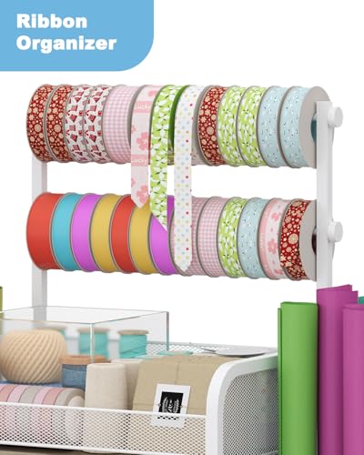 Image of Rsaayekkt Rolling Wrapping Paper Storage Cart with Fabric Drawer White | Vertical gift wrapping organizer storage, fits 12x12 scrapbook paper, heavy duty craft cart with wheels, space saving station
