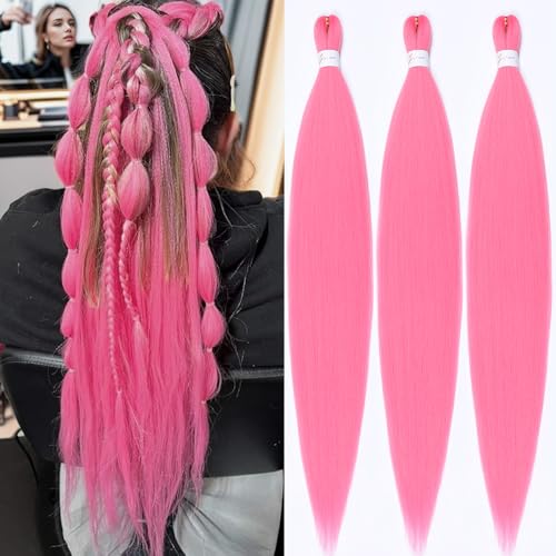 Braiding Hair 26 Inch Pre stretched Braiding Hair Pink Extension Hot Water Setting Synthetic Hair Pre Stretched Crochet Braids Hair(26 Inch,3 Packs,Pink#）