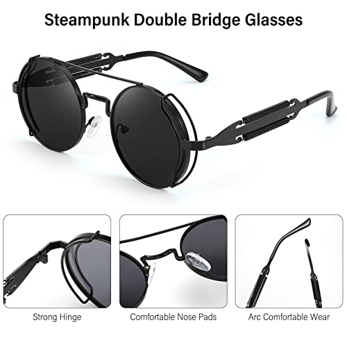 FEISEDY Polarized Aviator Sunglasses for Men Women, Retro Steampunk Gothic Round Metal Frame Hippie Glasses B23514