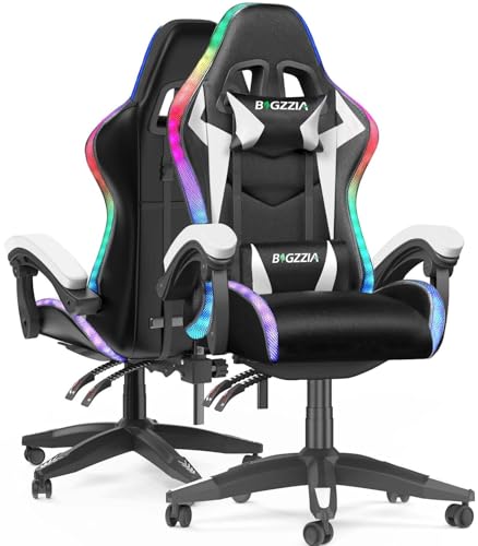 bigzzia RGB Gaming Chair with LED Lights and Ergonomic Computer Chair Reclining PU Leather High Back Video Game Chair with Headrest Adjustable Lumbar Support Linkage Armrest(Black/White)