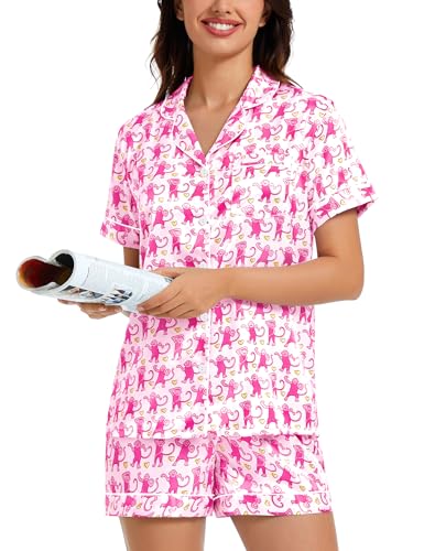 Image of LecGee Womens Silk Satin Pajamas Short Sleeve Loungewear Two-Piece Sleepwear Button-Down Pj Set