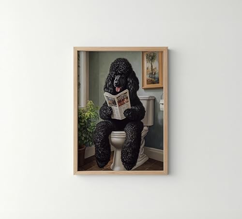Image of Poodle Black on Toilet Wood Framed Wall Art Print Poster, Dog Bathroom Humor Decor Posters Prints for Restroom Home Picture Painting Artwork Gallery 7 (Poodle Black, 10 inchL x 8 inchW, Wood Frame)