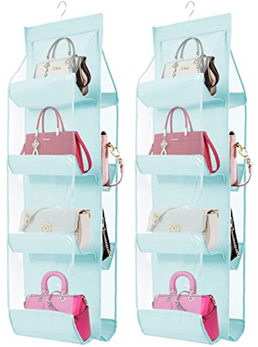 AARAINBOW 2 Packs Hanging Handbag Purse Organizer,Breathable Polyester Fiber+PVC Handbag Organizer,8 Easy Access Pockets,Wardrobe Closet Space Saving Organizers ,Washable,41 L x 13.5W (2 Blue)